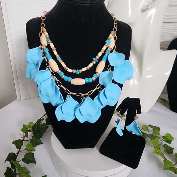Boho Blue Multi Strand Petal Necklace Earrings Set New - Picture 1 of 7